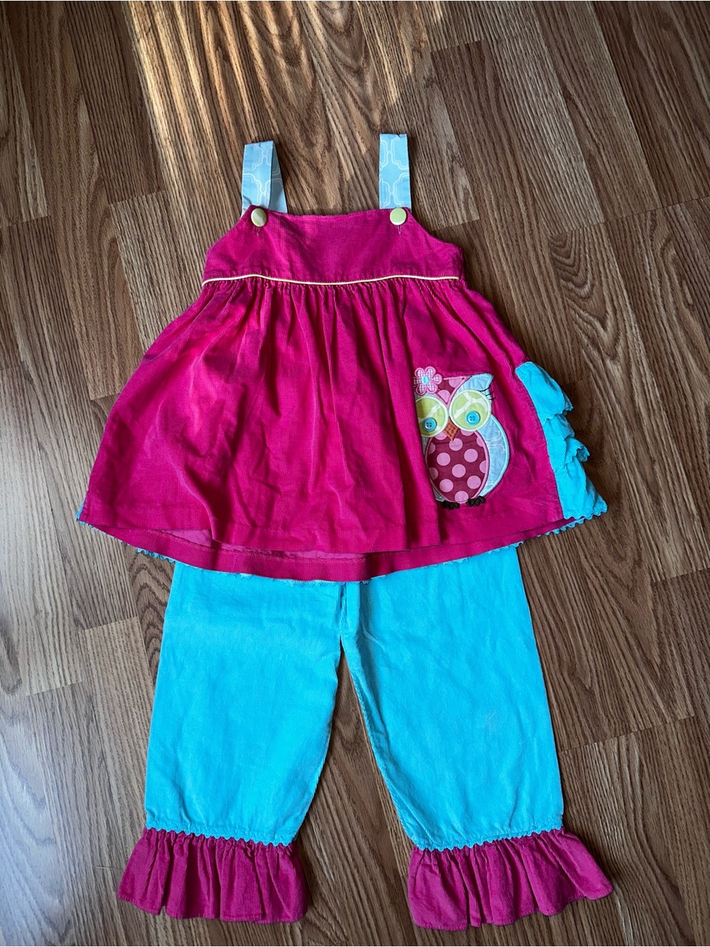 Shrimp and Grits Vintage Teal/Pink Corduroy Owl 2 Piece Set